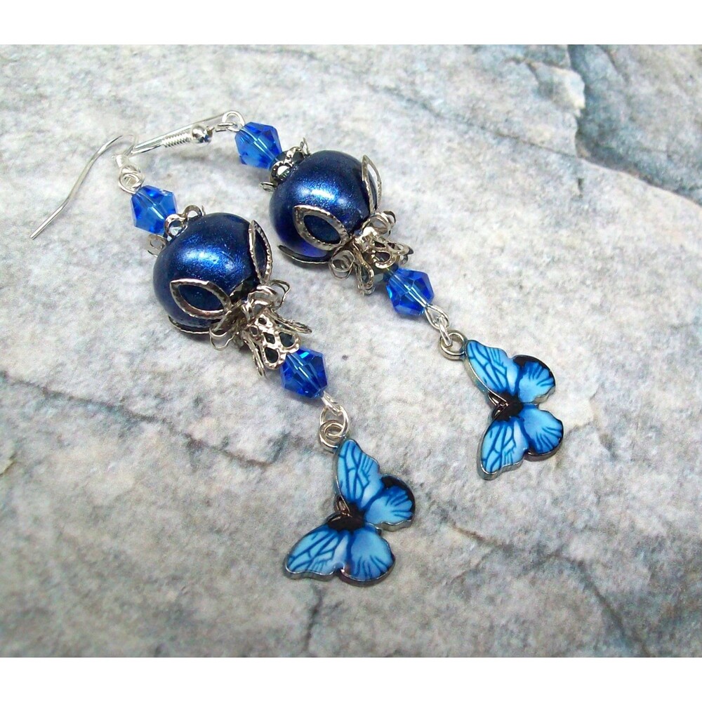 Blue Butterfly Lampwork Earrings, Silver, Vintage Style, Artisan Crafted Jewelry